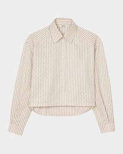 Sandro Stella Embellished Striped Shirt In Khaki/pink