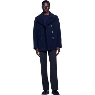 Sandro Straight-fit Wool-blend Coat In Navy Blue