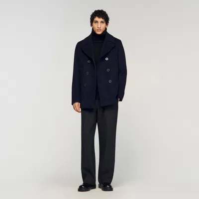 Sandro Straight-fit Wool-blend Coat In Blue