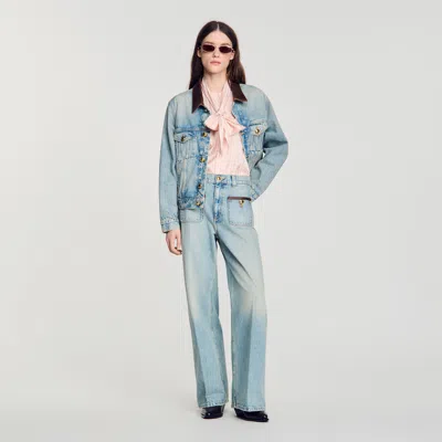 Sandro Straight-leg Leather Detail Jeans In Blue