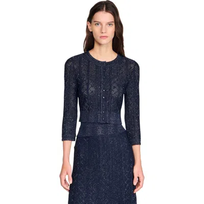 Sandro Strass Knit Cropped Cardigan In Blue