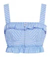 Sandro Womens Bleus Striped Ruffle-trim Cotton-blend Crop Top In Blue