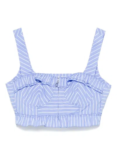 Sandro Womens Bleus Striped Ruffle-trim Cotton-blend Crop Top In Blue