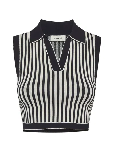 Pre-owned Sandro Striped Cropped Polo Shirt In Black