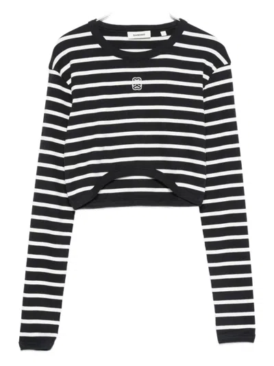 Sandro Striped Embroidered Cotton T-shirt In Blue