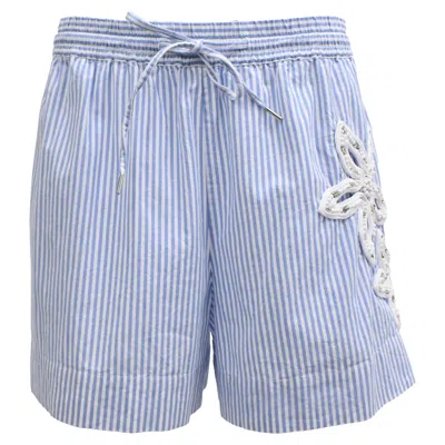 Pre-owned Sandro Striped Floral-applique Shorts In Blue Cotton