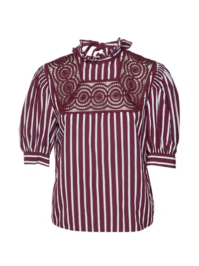 Pre-owned Sandro Striped Lace-trim Blouse In Red