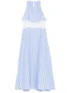 Sandro Womens Bleus Stripe-print Cut-out Lace Cotton And Linen-blend Midi Dress In Blue