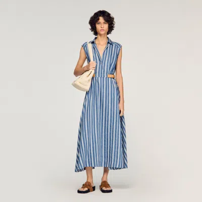 Sandro Striped Maxi Dress With Leather Tab