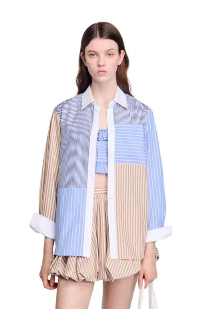 Sandro Poplin Stripe Patchwork Shirt In Brown