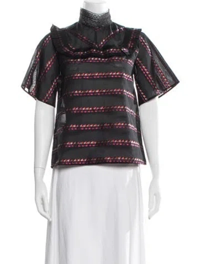 Pre-owned Sandro Striped Mock Neck Blouse In Black