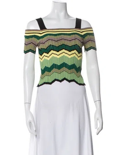 Pre-owned Sandro Striped Off-the-shoulder Sweater In Green