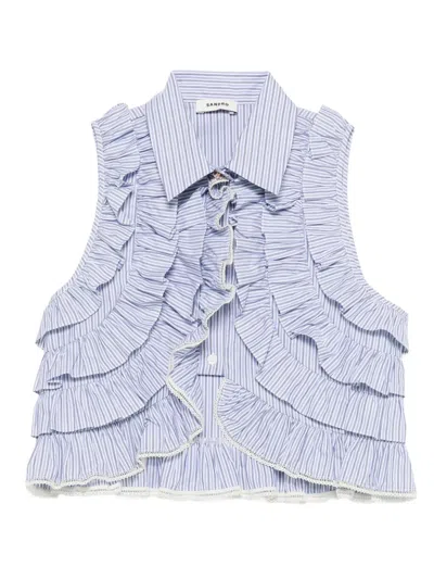 Sandro Striped-pattern Ruffled Blouse In Blue