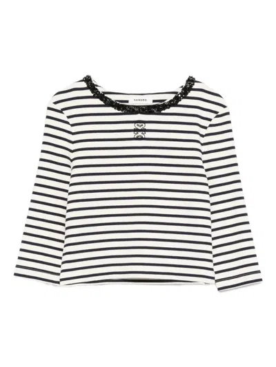 Sandro Short Striped Tee With Beaded Collar In Blue