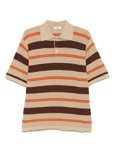 Sandro Mens Naturels Striped Short-sleeved Knitted Polo Shirt In Nut