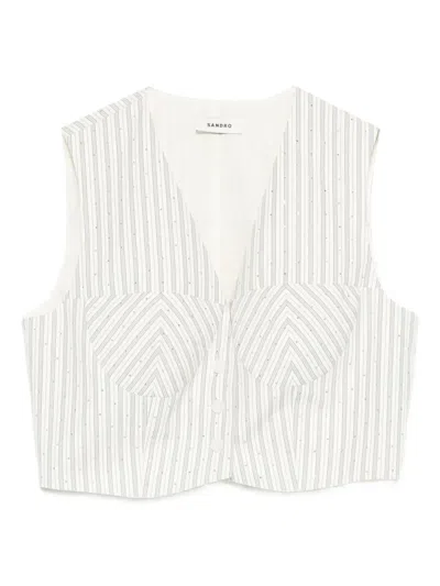 Sandro Striped Rhinestone-embellished Crop Top In White