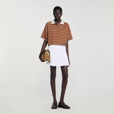 Sandro Womens Brown Striped Polo-collar Cotton-jersey T-shirt