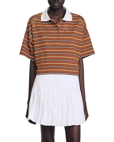 Sandro Womens Brown Striped Polo-collar Cotton-jersey T-shirt
