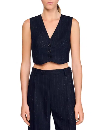 Sandro Striped Rhinestone Sleeveless Jacket In Blue