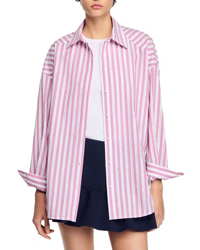 SANDRO STRIPED RHINESTONE TRIM SHIRT
