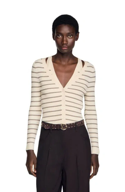 Sandro Striped Ribbed Cardigan In White
