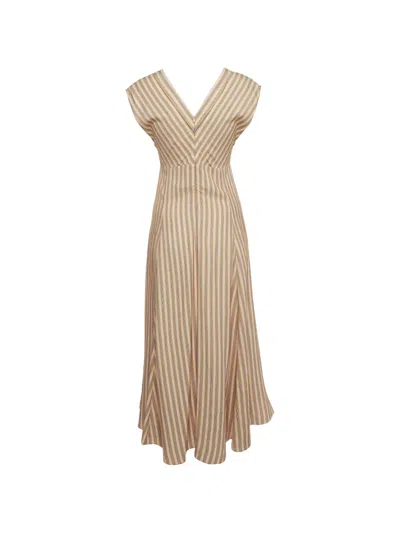 Pre-owned Sandro Striped Ruched Midi Dress In Neutral