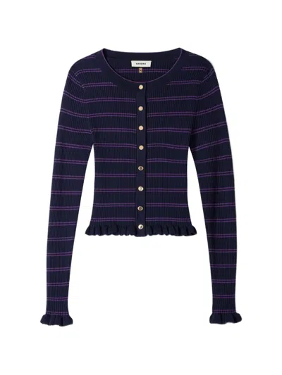 Sandro Striped Ruffle-trim Cardigan In Blue