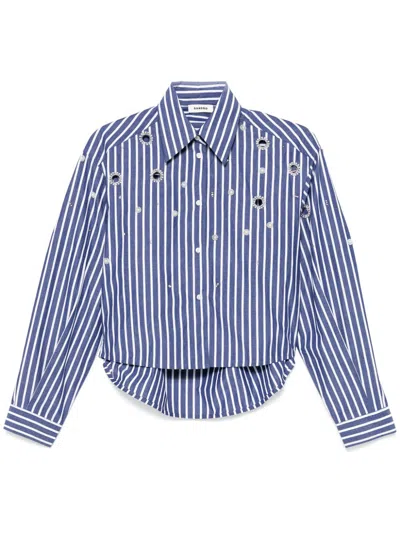 Sandro Womens Bleus Striped Rhinestone-embellished Cotton Shirt