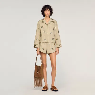 Sandro Striped Shirt, Floral Embroidery In Green