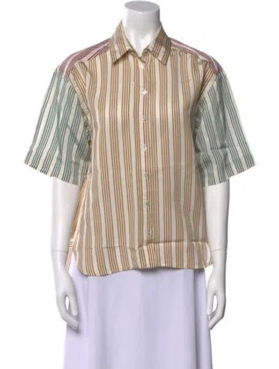 Pre-owned Sandro Striped Short Sleeve Button-up Top In White
