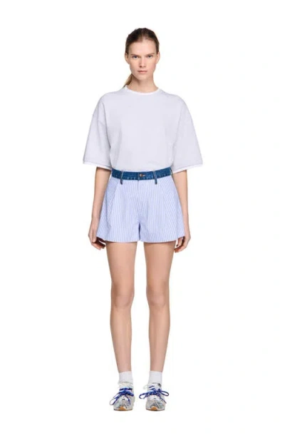 Sandro Striped Shorts With Denim Details In Blue