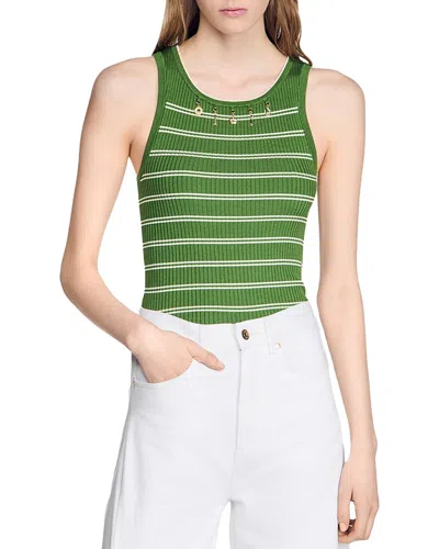 Sandro Striped Tassel Trims Vest Top In Green