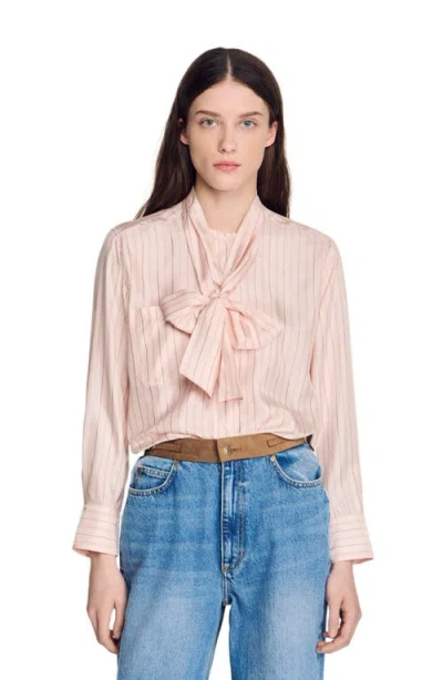 Sandro Miraluna Striped Tie Neck Shirt In Pink