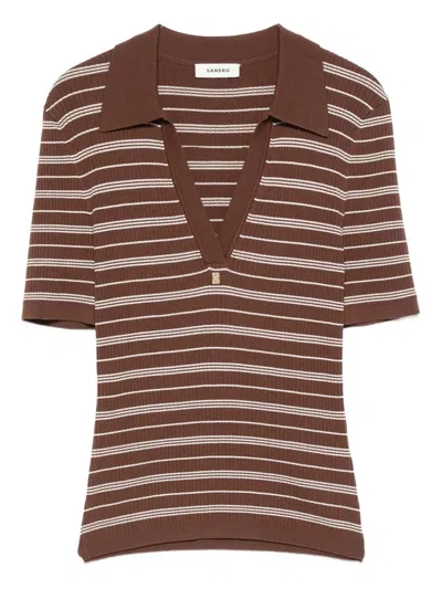 Sandro Striped V-neck T-shirt In Brown
