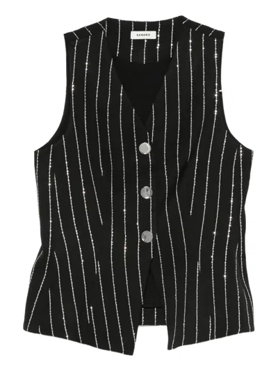 Sandro Striped Waistcoat In Black