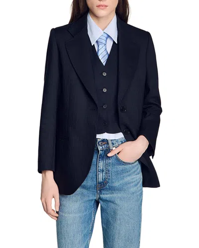 Sandro Striped Wool Blend Suit Jacket In Black