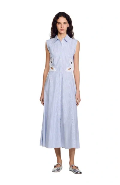 SANDRO SANDRO STRIPY EMBROIDERED MAXI DRESS