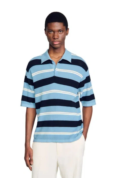Sandro Stripy Knit Polo Shirt In Chambray.