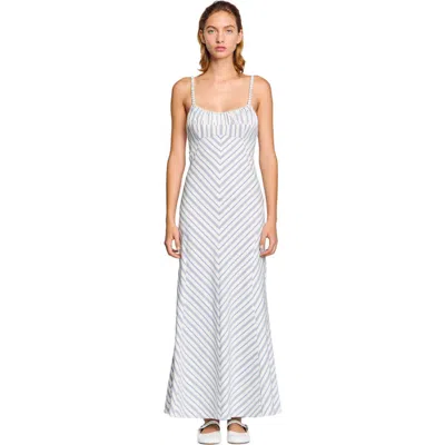 Sandro Stripy Maxi Dress With Straps In Blue/ecru