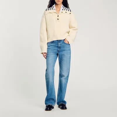 Sandro Stripy Sailor-neck Sweater In Ecru