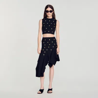 Sandro Studded Knit Top In Black