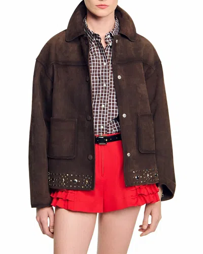 Sandro Studded Suede Leather Jacket In Black