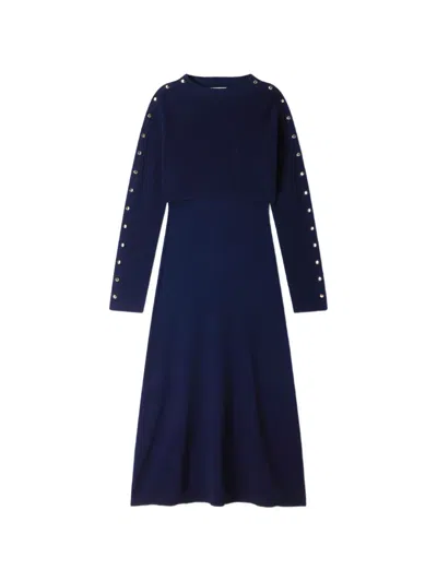 Sandro Stud-embellished Layered-effect Knitted Midi Dress In Blue