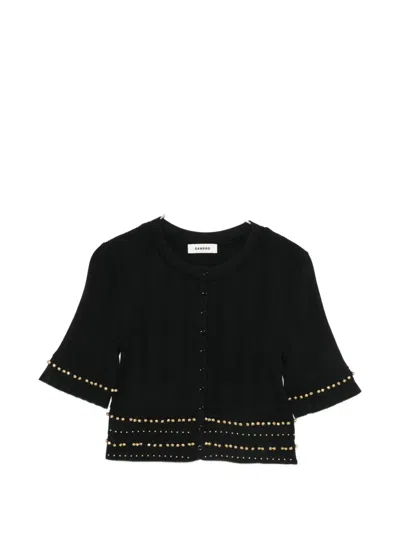 Sandro Stud-embellished Ruffled-cuff Cropped Cardigan In Black