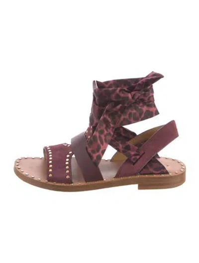 Pre-owned Sandro Suede Animal Print Gladiator Sandals In Burgundy