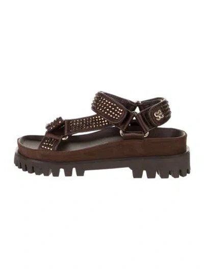 Pre-owned Sandro Suede Crystal Embellishments Slingback Sandals W/ Tags In Brown