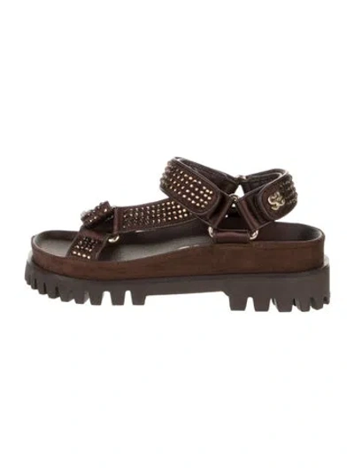 Pre-owned Sandro Suede Crystal Embellishments Slingback Sandals W/ Tags In Brown