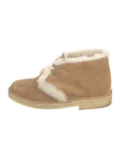 Pre-owned Sandro Suede Fur Trim Lace-up Boots In Neutral