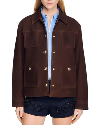 Sandro Suede Jacket In Brown