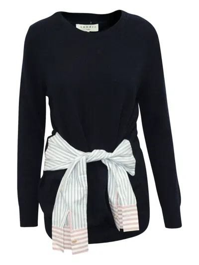 Pre-owned Sandro Suzanne Tie-waist Striped-sleeve Sweater In Blue